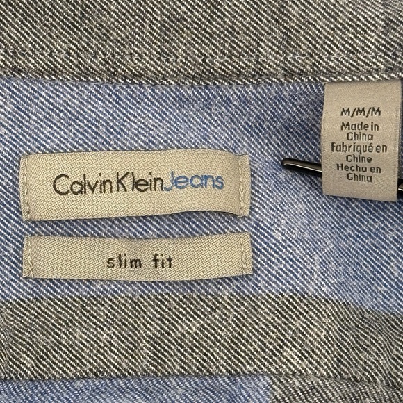 Calvin Klein Mens M Slim Fit Light Flannel Blue Gray Plaid Long Sleeve - Picture 4 of 10